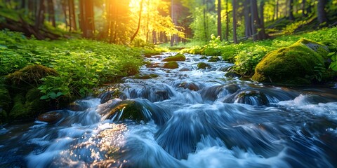 Poster - Captivating Crystal Clear Mountain Stream Flowing Through Lush Verdant Forest Landscape Tranquil and Vibrant Natural Serenity