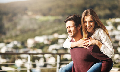 Canvas Print - Happy woman, man and piggyback on rooftop for love, support and security in relationship. Sunshine, portrait and couple outdoors for fun, trust and excited or bonding on terrace or deck in summer