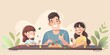 © kiimoshi - Father and daughters are playing board game together. Family time. Vector illustration in flat cartoon style.