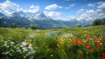 Wall Mural - A panoramic view of a vast alpine meadow, with wildflowers in full bloom and snow-capped mountains in the distance.
