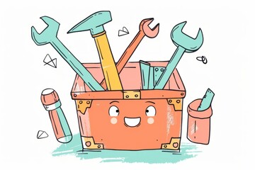 Wall Mural - Cartoon cute doodles of a clay toolbox with tools popping out and a smiley face, Generative A