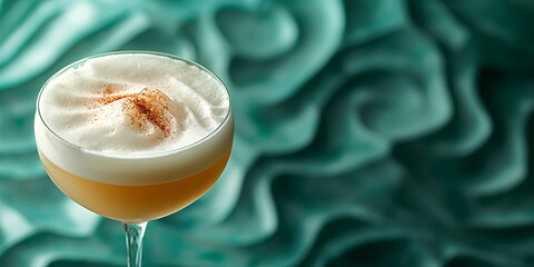 Creamy cocktail with a frothy top and a sprinkle of cinnamon, served in a glass against an artistic, textured green background
