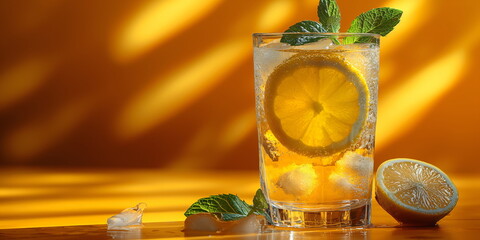 Cool lemon drink with ice cubes and mint leaves on a wooden table with a vivid orange background