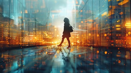 Wall Mural - A woman walking with purpose through a modern cityscape