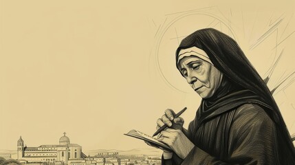 Wall Mural - St. Teresa of Ávila Writing in 16th-Century Spanish Convent, Biblical Illustration, Beige Background, Copyspace