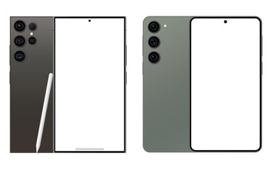 Wall Mural - Samsung Galaxy S23, and S24 Ultra. New Release Android Smartphone mockup on white background. Realistic vector mock up. Vector illustration.