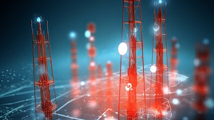 Wall Mural - Futuristic Telecommunication Tower Antennas on Tech Background with Mobile Network Technology in 3D Illustration