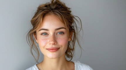 Sticker - woman with naturally beautiful face skin, smiling gently, against a light grey background