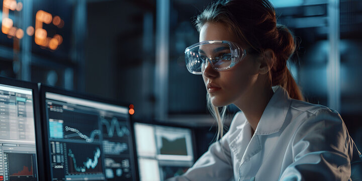 Scientist Working in High-Tech Laboratory,
 Researcher Analyzing Data on Screens
