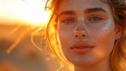 Sticker - woman with radiant skin, captured in warm golden hour light, against a sunset background