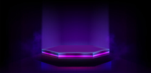 Wall Mural - hexagon product podium with pink neon light on dark purple background. realistic 3d vector goods dis