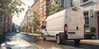 © kiimoshi - White delivery van drives through narrow street past old apartment buildings
