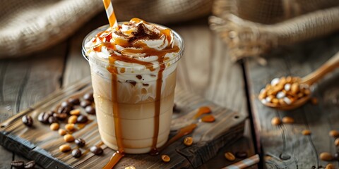 Wall Mural - Refreshing and Indulgent Iced Caramel Macchiato on a Rustic Wooden Table