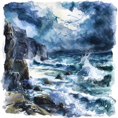 watercolor painting of a stormy seascape, with towering waves crashing against rocky cliffs and dark