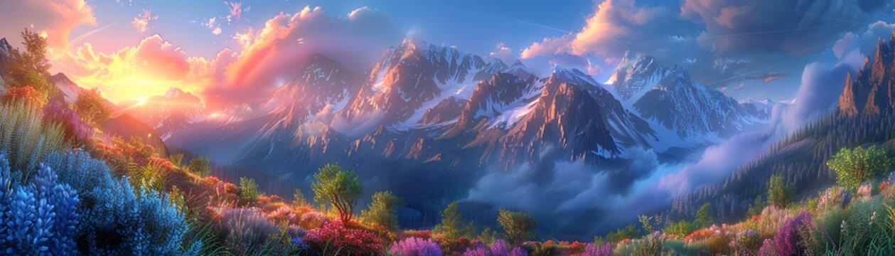 Stunning panoramic view of a colorful sunrise over picturesque mountains and a vibrant wildflower meadow.
