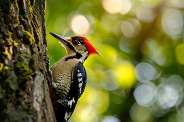 Wall Mural - Energetic woodpecker drumming on a tree trunk with its beak