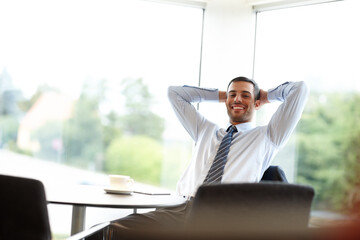 Canvas Print - Career man, success and finished in portrait on break in workplace, company or digital agency as professional. Male person, employee and relax at desk in corporate, job or business as project manager