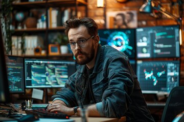 a photostock image of a serious programmer deeply focused on coding, surrounded by multiple screens 