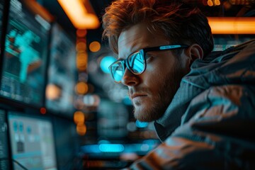 a photostock image of a serious programmer deeply focused on coding, surrounded by multiple screens 