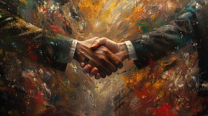 Wall Mural - handshake between business and finance professionals, set against a backdrop of abstract paintings in vibrant colors