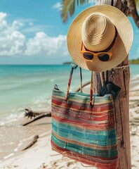 Wall Mural - A straw hat, chic sunglasses, and a colorful tote bag hanging from a rustic wooden post on a sandy beach