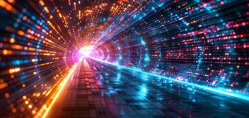 Abstract tech tunnel with lightspeed data, digital age visualization, vibrant colors, futuristic, hightech theme