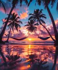 Wall Mural - A serene sunset over a tropical beach, with hammocks strung between palm trees and the gentle waves reflecting the vibrant colors of the sky.