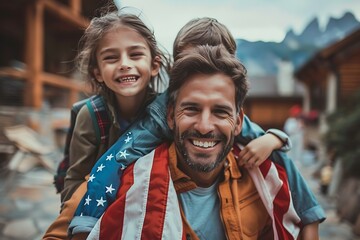 Wall Mural - Excited child sitting with american flag on shoulders of father reunited with family