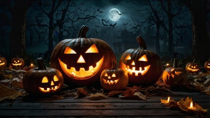 Wall Mural - forest background at night with pumpkin heads and candles in the moonlight on halloween night