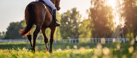 Rider on horseback enjoying a serene afternoon in a lush green field surrounded by trees. The sun illuminates the peaceful landscape.