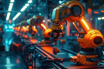 Robotic arms working on an assembly line in a factory, showcasing advanced automation technology in a modern industrial setting.