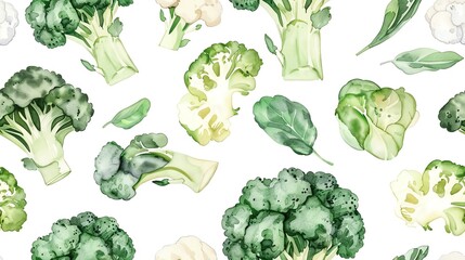 Hand-drawn seamless pattern depicting watercolor broccoli and cauliflower, creating a detailed and nutritious vegetable design