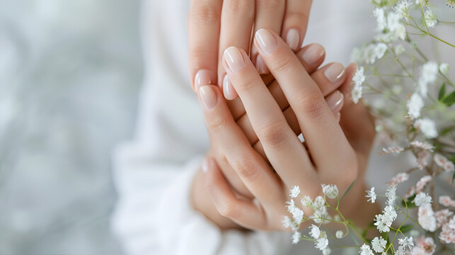 Hand skin care. Closeup of beautiful woman hands with light manicure on nails . Cream for hands and treatment., Generative AI