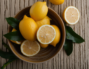 Fresh ripe yellow lemons in a wooden bowl with green leaves on table. Citrus limon fruits