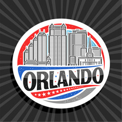 Wall Mural - Vector logo for Orlando, white decorative round tag with illustration of american orlando city scape on day sky background, art design refrigerator magnet with unique lettering for black text orlando