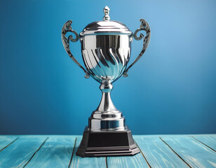 a gleaming silver trophy placed on a vibrant blue table against a minimalist background,