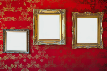 Classic gold blank frames featured on a crimson red wall in an elegant gallery.