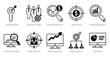 Sticker - A set of 10 seo icons as target keyword, teamwork target, marketing research