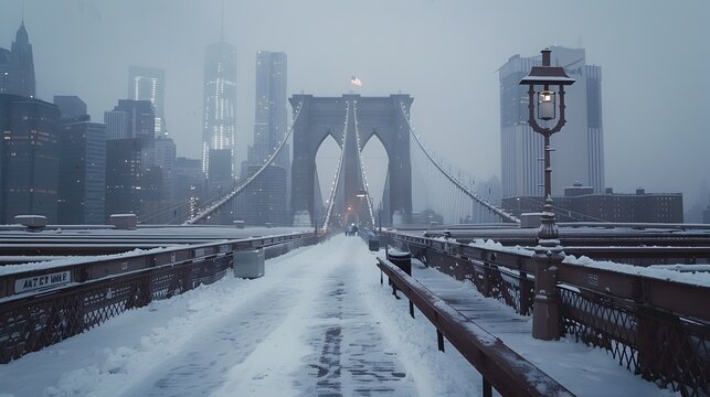 Snowy Cityscape with Iconic Brooklyn Bridge in Foggy Winter Atmosphere