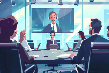 Wall Mural - Video Conference Call in office. Boardroom Meeting Room. Businesspeople Discuss e-Commerce Investment Strategy. Multi-Ethnic Entrepreneurs, Managers, Investors.