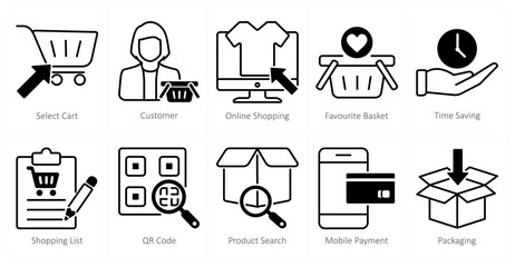 A set of 10 shopping icons as select cart, customer, online shopping