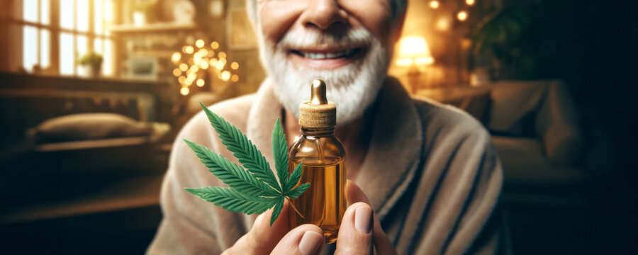 Senior man holding CBD oil bottle and cannabis leaf in cozy living room, suggesting relaxation and wellness benefits.