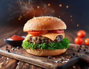 Homemade beef burger with cheddar cheese, tomato slice and vegetables on rustic serving wooden board on black background.