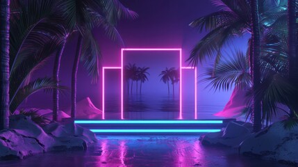 Wall Mural - Create a captivating visual narrative with a photo featuring a 3D rendering of an empty exhibition space or product stand surrounded by palm trees and neon lights on a dark background.