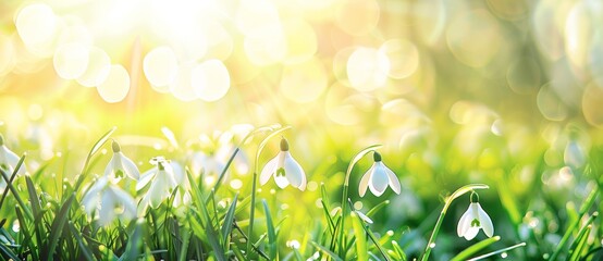 Wall Mural - beautiful spring background with snowdrops flowers in the meadow
