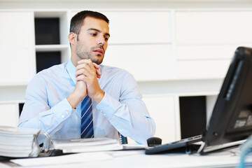 Canvas Print - Businessman, thinking and computer at desk with document and notebook for research in office. Trader, stock market and reading online with paperwork for planning and brainstorming for proposal