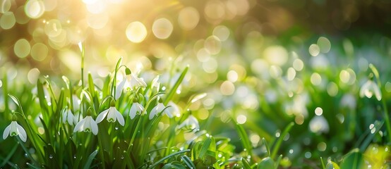 Wall Mural - beautiful spring background with snowdrops flowers in the meadow