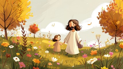 A man and a child are walking through a field of flowers