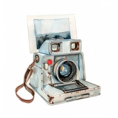 Wall Mural - Watercolor painting of a vintage Polaroid camera capturing a moment in time with a square instant photo, on isolated white background, Generative AI