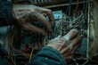 © Lubos Chlubny - Close up detail of an electrician hands working with wires and fuse switch box.
